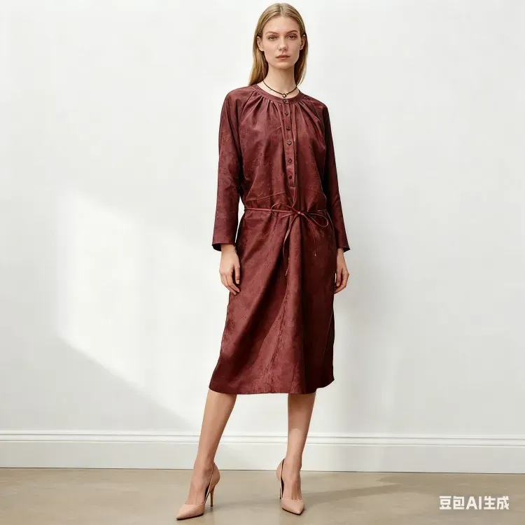 Burgundy Ramie Loose Waist-Tie Pullover Dress - Retro Elegant Mid-Length Office & Casual Dress - Image 3