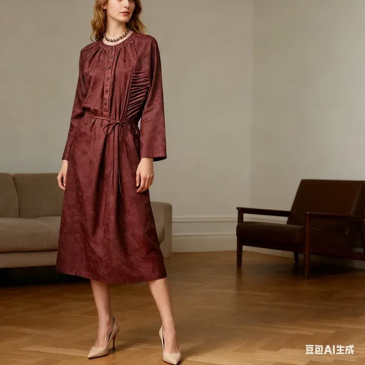 Burgundy Ramie Loose Waist-Tie Pullover Dress - Retro Elegant Mid-Length Office & Casual Dress - Image 4