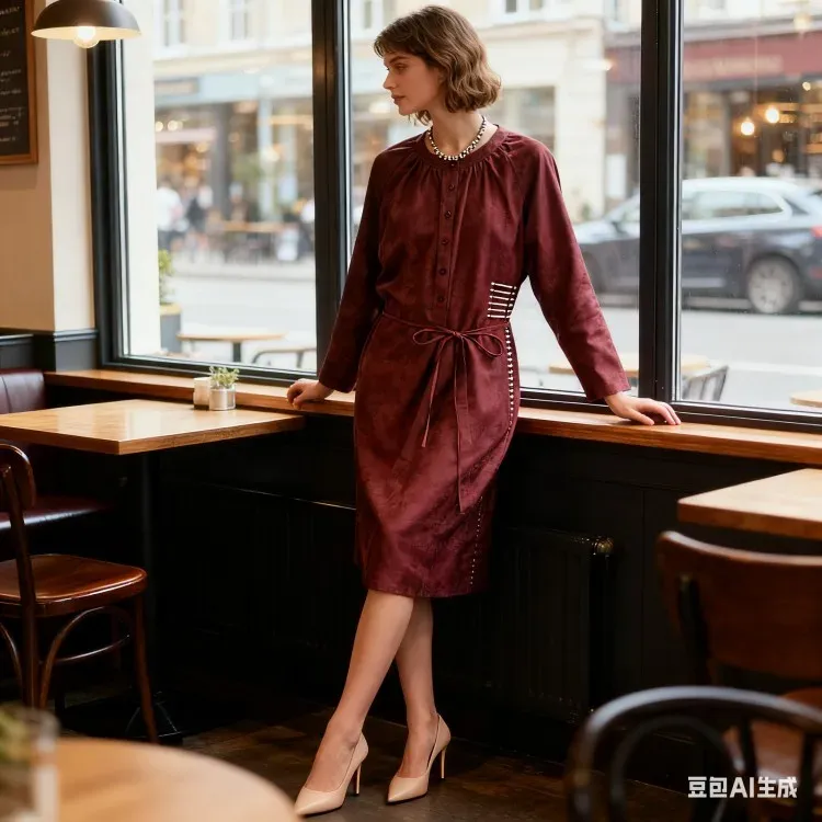 Burgundy Ramie Loose Waist-Tie Pullover Dress - Retro Elegant Mid-Length Office & Casual Dress - Image 5