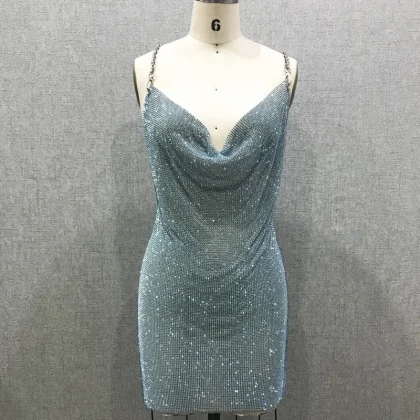 Party Metal Chain Shiny Blue Crystal Dress
