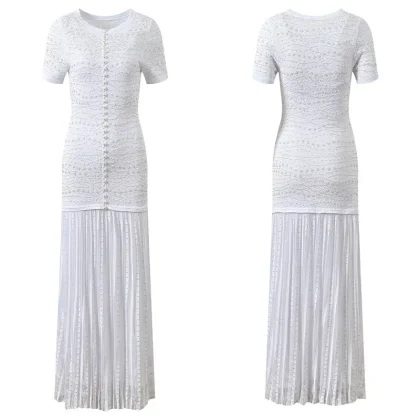 A11787 French Imitation Pearl Neck Dress Spring Commuting Fashion Lace Jacquard Pearl Button Maxi Length One Size Empire
