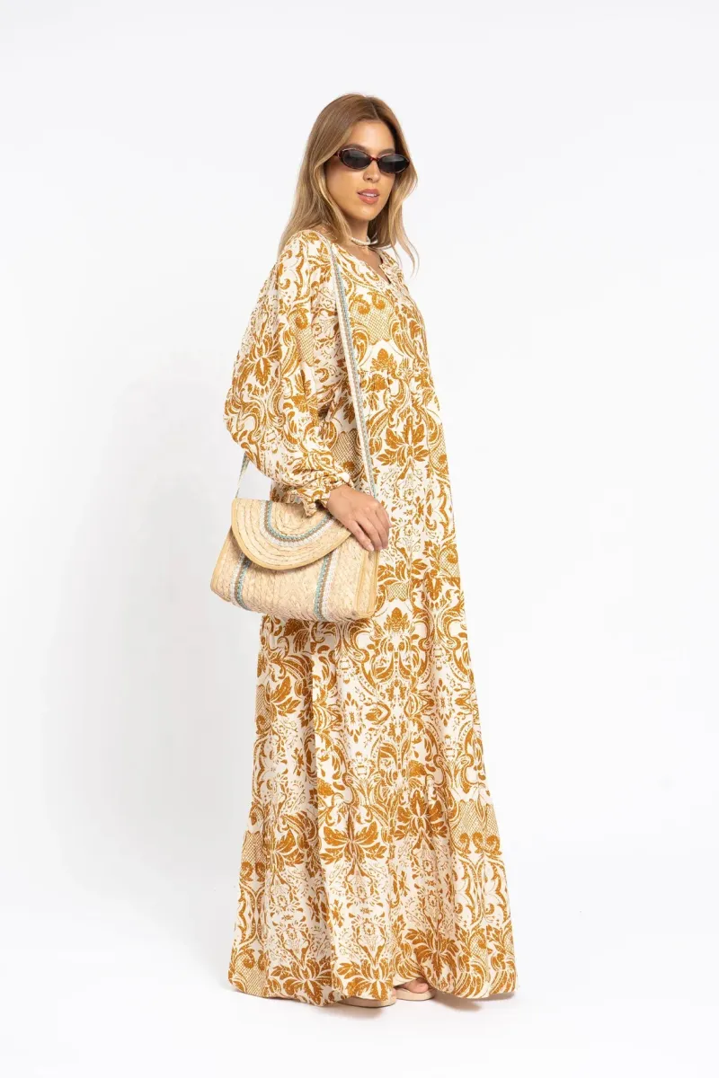Breezy Puffy Sleeves Mustard Yellow Print Caftan Dress for Women - Image 2