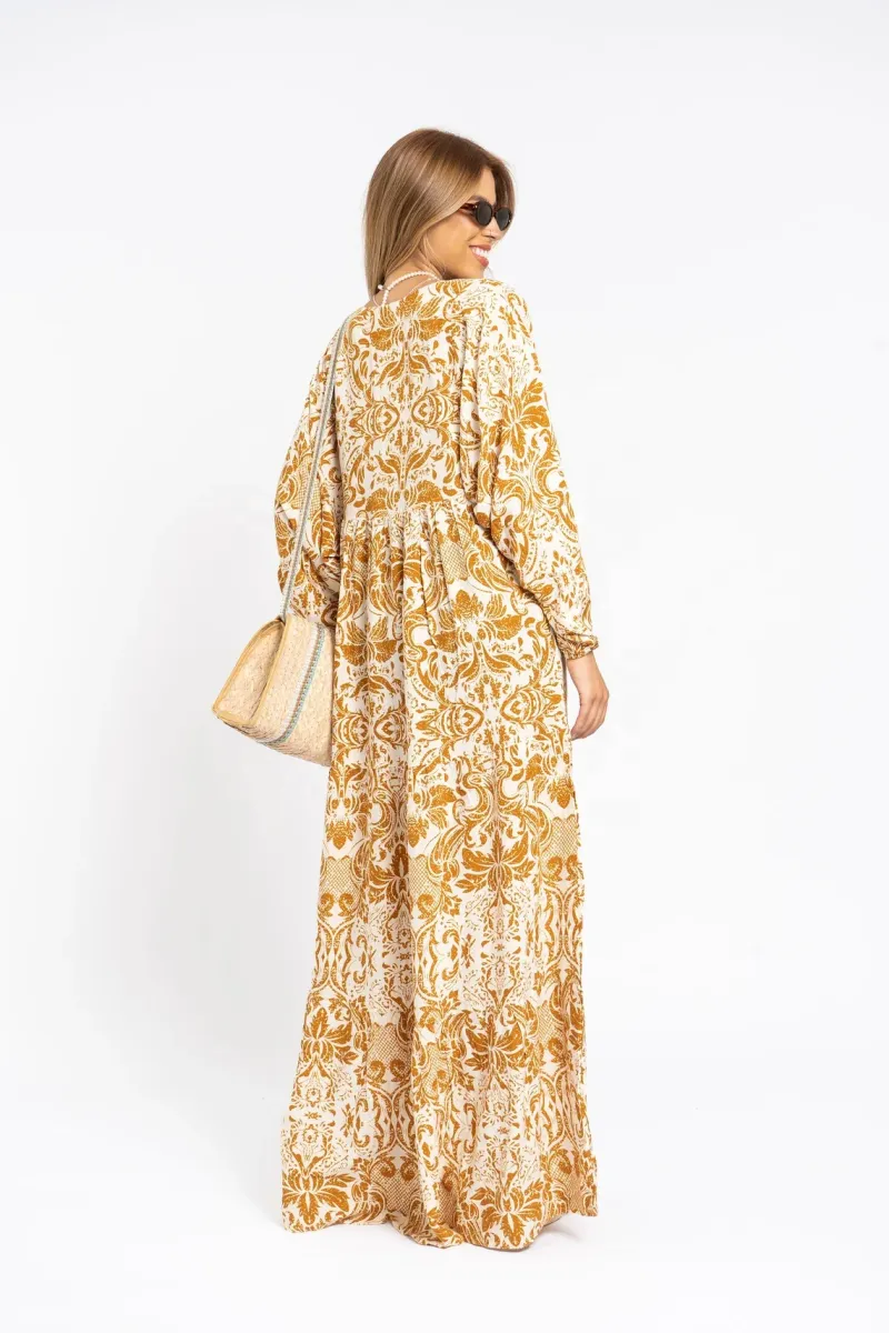 Breezy Puffy Sleeves Mustard Yellow Print Caftan Dress for Women - Image 3
