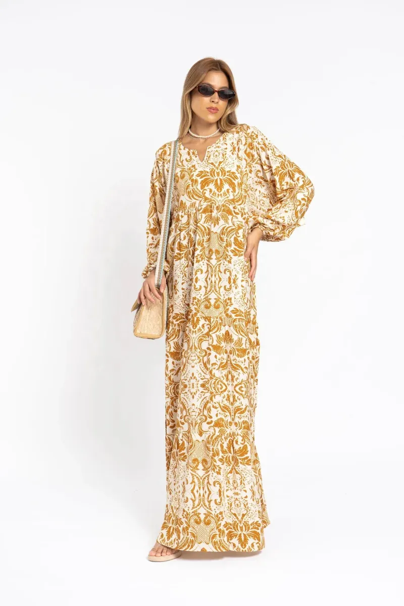 Breezy Puffy Sleeves Mustard Yellow Print Caftan Dress for Women - Image 4