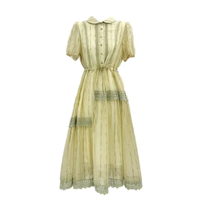 Vintage French Mori Style Medium Length Commuter Slimming Tight High-Waist Elegant Lace Jacquard Anti-Static V-neck Short Dress