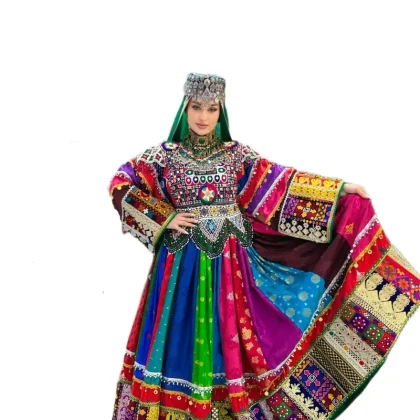Afghani Womens Elegant Bohemian Traditional Chiffon Dress Delicate Floral Embroidery Full Sleeve Button Eco-Friendly Breathable