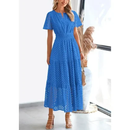 Women's Summer 2025 Maxi Dress V-Neck Hollow Eyelet Line Short Sleeve Long Flowy Beach Vacation Belt XS Size B0DJ2TW6KG