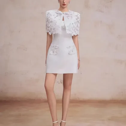 Elegant lace butterfly short dress, Vietnamese niche design slimming dress for womens