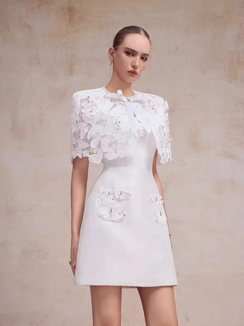 Elegant lace butterfly short dress, Vietnamese niche design slimming dress for womens - Image 3