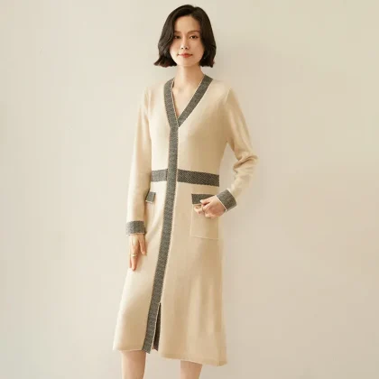 Women's Elegant V-neck Cashmere Dress Fashion Style Color Contrast Office Dress Casual Loose Long Cashmerte Wool Dress