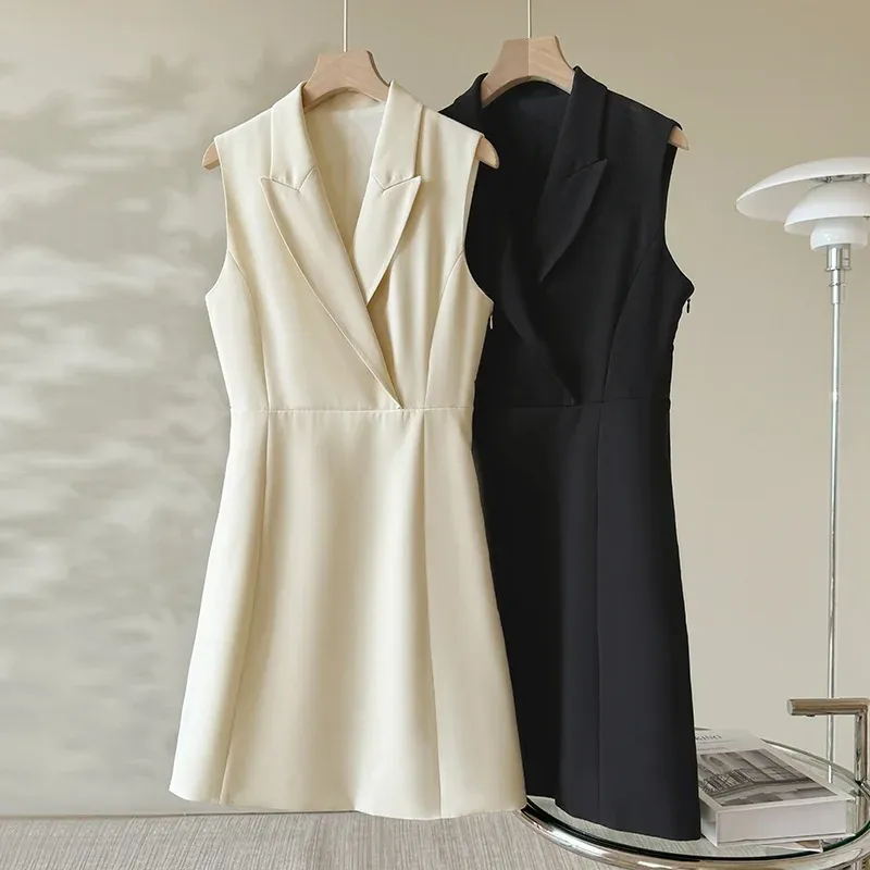 Vintage Three-Acetate Women's Summer Hepburn-Style A-Line Dress with V-Neck High-Waist Sleeveless Zipper Closure Mid-Length - Image 2