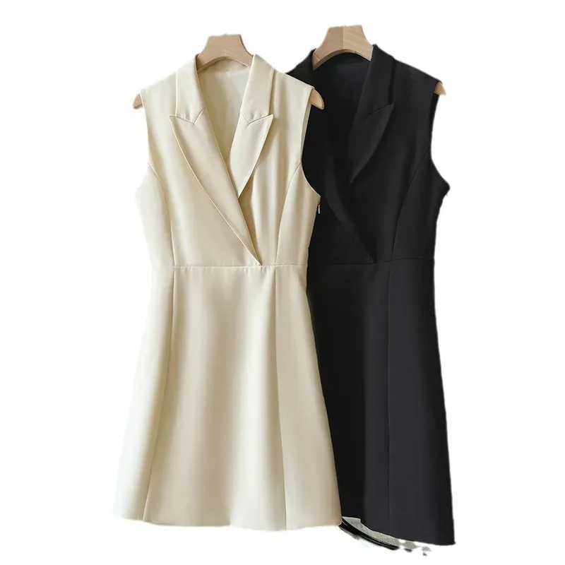 Vintage Three-Acetate Women's Summer Hepburn-Style A-Line Dress with V-Neck High-Waist Sleeveless Zipper Closure Mid-Length - Image 5