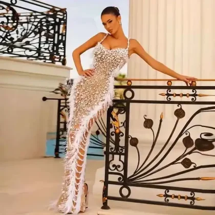 Clothing Mesh Floor-Length Ball Gown Strapless Sexy Rhinestone Tassel Side Split White Beading Bodycon Women Evening Party