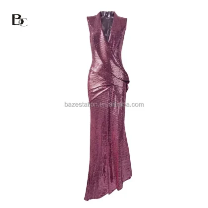 High-quality Tailor Premium Luxury Boutique Deep V-neck Pleated Diagonal Slit Floor-length Hemline Evening Premium Dress Women