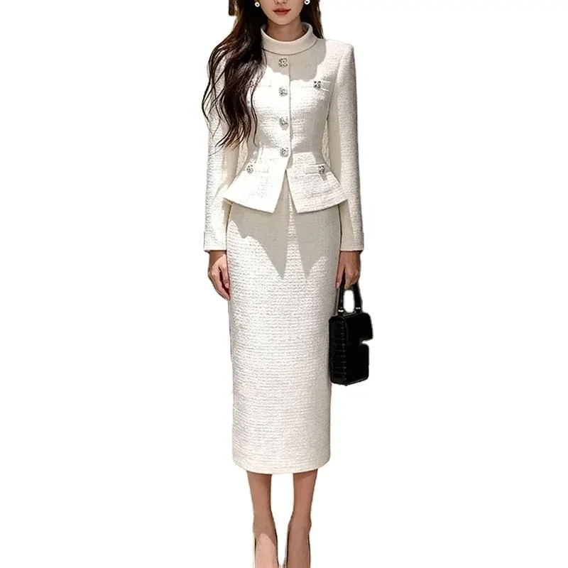 2026 Spring New Lvory White Tweed FakeTwo-Piece Women Long Dress Women Elegant Maxi Party Dress - Image 2
