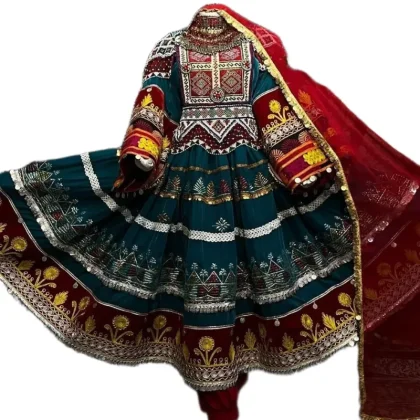 Elegant Afghani Women Chiffon Dress Colorful Handmade Traditional Ethnic Fashion High Quality Maxi Natural Button Daily Wear