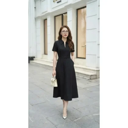 Elegant Women Office Midi Dress With Belt Short Sleeve A Line Black Formal Dress High Grade Women Dresses
