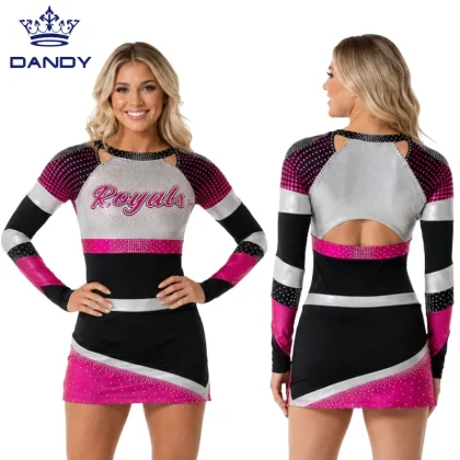 Black Pink Silver Rhinestone Cheerleading Uniform Long Sleeve Dress with Cutout Back One-piece Top with Shirts