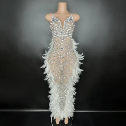 Hot Selling Evening Club Fashion Suspenders Sexy Dress Mesh See-through White Feather Birthday Party Club Dress