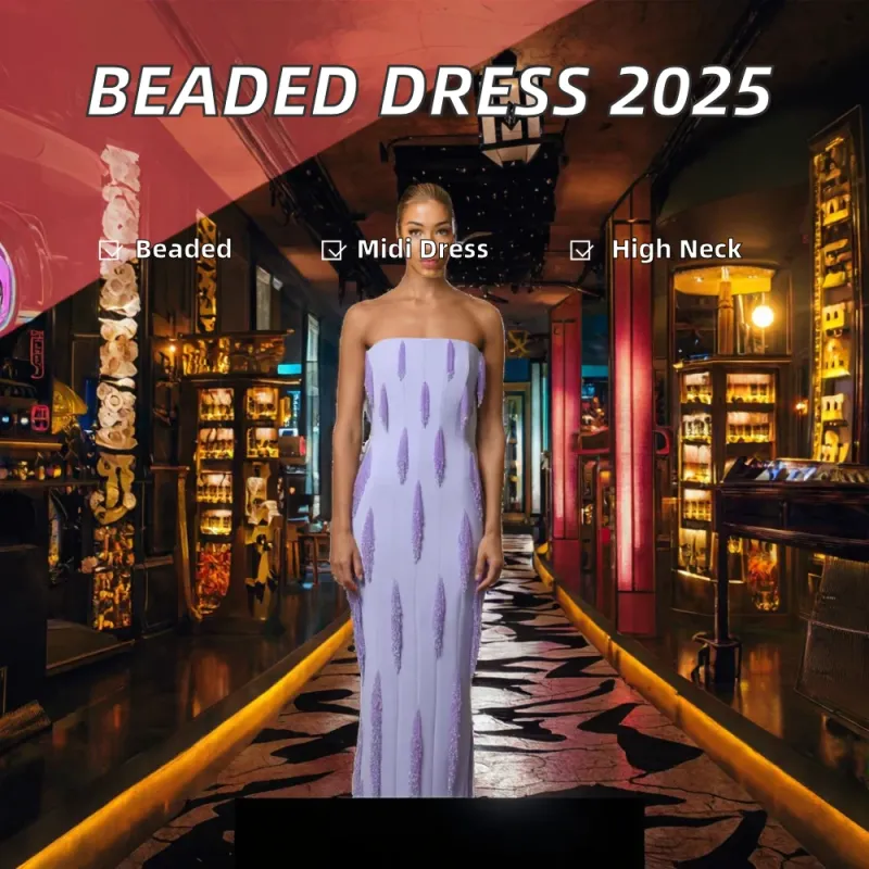 Woolen Casual Chest Dress with 100% Polyester Midi Length Stand Neckline Woven Nail Bead Wrapped Heavy Industry Style - Image 3