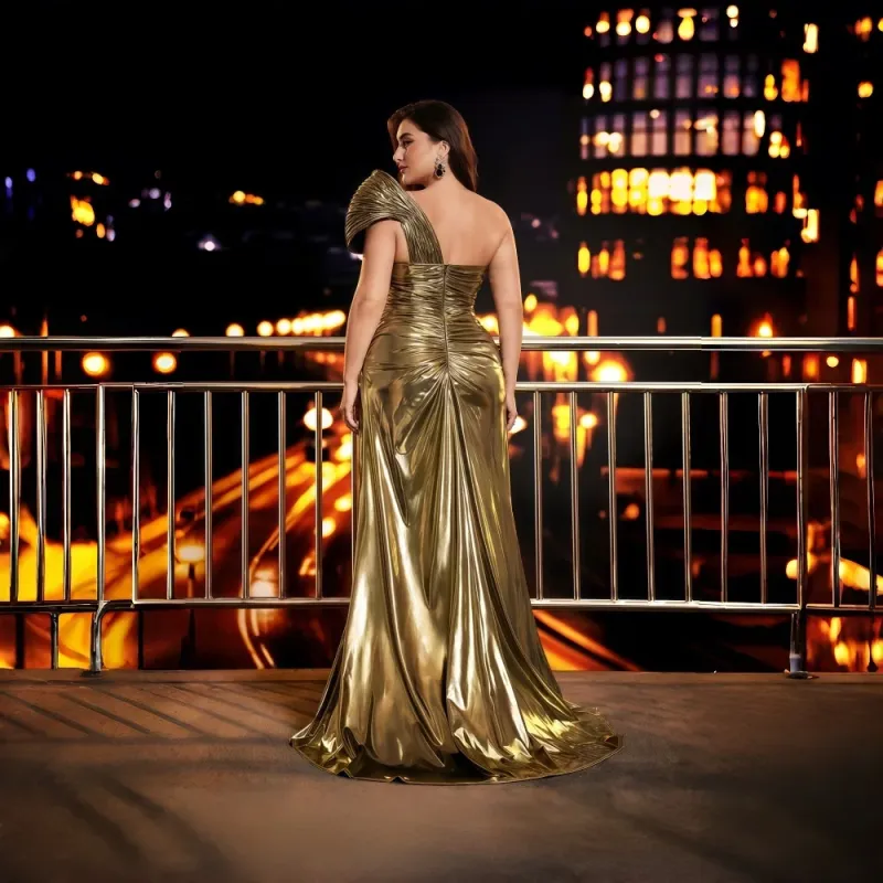 Luxury Gold Satin Empire Waist A-Line Maternity Lace Maxi Evening Dress for Ladies Elegant Pleated Direct From Manufacturers - Image 2