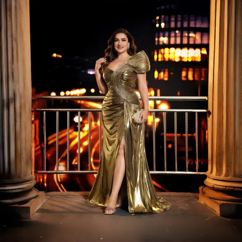 Luxury Gold Satin Empire Waist A-Line Maternity Lace Maxi Evening Dress for Ladies Elegant Pleated Direct From Manufacturers - Image 3