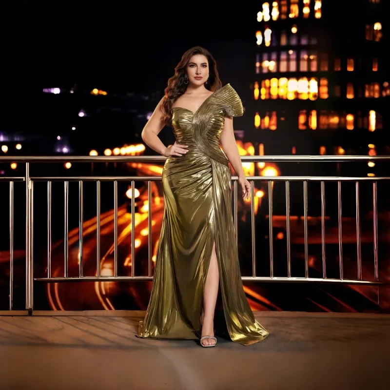 Luxury Gold Satin Empire Waist A-Line Maternity Lace Maxi Evening Dress for Ladies Elegant Pleated Direct From Manufacturers - Image 5