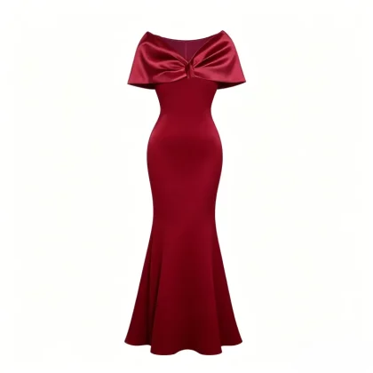 Elegant Fashionable Breathable Light-luxury High-end V-neck Slim Fit High Waist Polyester Fishtail Long Dress Women Red