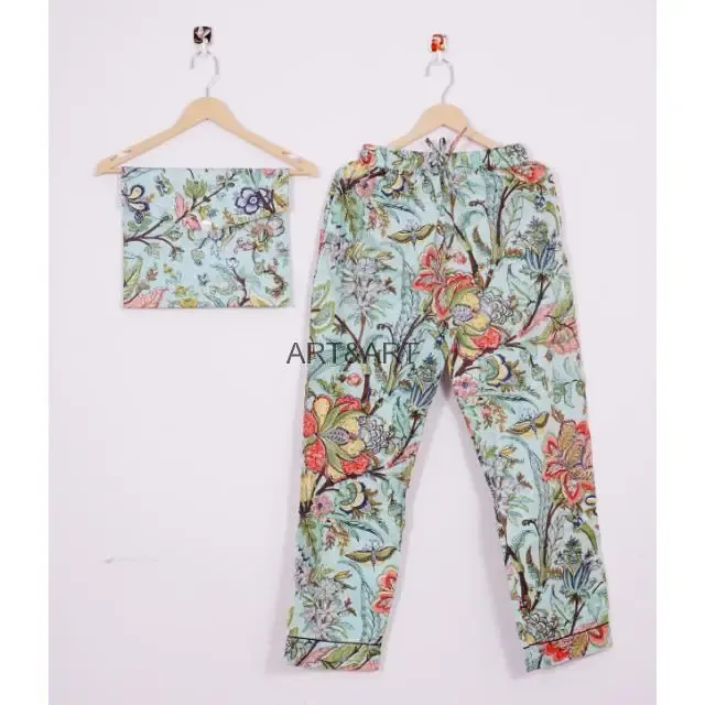 Indian Hand Block Cotton Pajama Set Stylish Fashion-Forward Night Wear for Women and Men Breathable 100% Cotton for Summer - Image 2