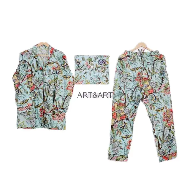 Indian Hand Block Cotton Pajama Set Stylish Fashion-Forward Night Wear for Women and Men Breathable 100% Cotton for Summer - Image 3
