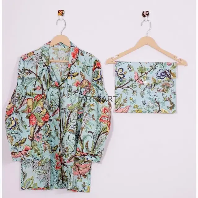 Indian Hand Block Cotton Pajama Set Stylish Fashion-Forward Night Wear for Women and Men Breathable 100% Cotton for Summer - Image 5