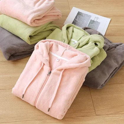 Winter Zip-Up Hoodie and Pants Set Warm Fleece Flannel Pyjamas for Men and Women Sleepwear for Couples