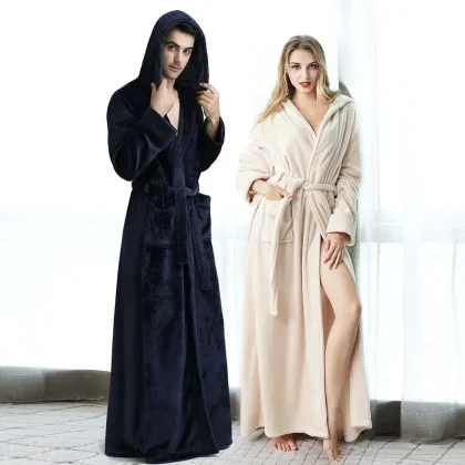 Autumn Winter Thickened Long Bathrobe Women's Winter Coral Fleece Men's Solid Hooded Pajamas Couple's Flannel Nightgown