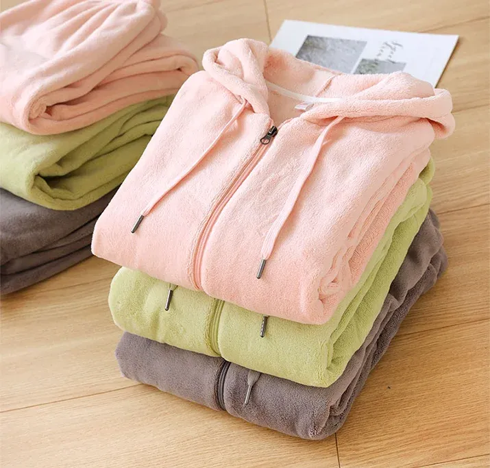 Winter Zip-Up Hoodie and Pants Set Warm Fleece Flannel Pyjamas for Men and Women Sleepwear for Couples - Image 2