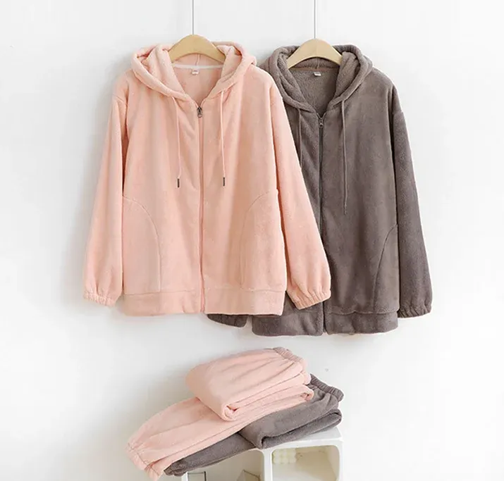 Winter Zip-Up Hoodie and Pants Set Warm Fleece Flannel Pyjamas for Men and Women Sleepwear for Couples - Image 3