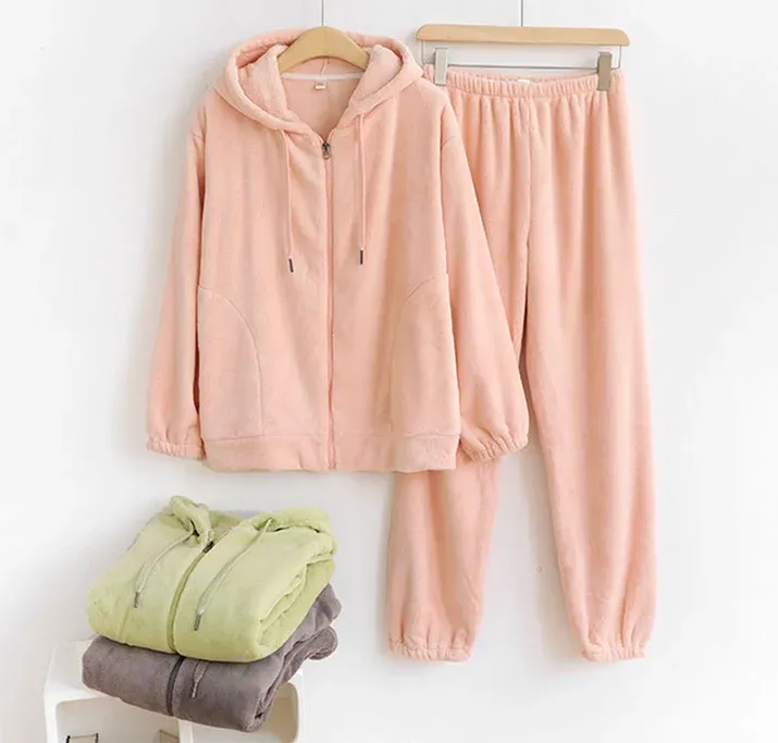Winter Zip-Up Hoodie and Pants Set Warm Fleece Flannel Pyjamas for Men and Women Sleepwear for Couples - Image 4