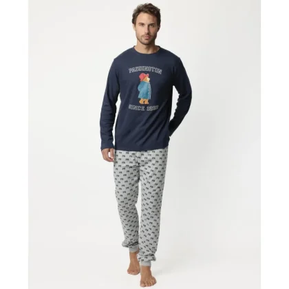 PADDINGTON Casual Silk & Cotton Varsity Print Pajama Set with Logo Long Knitted Fabric XL Size for Men and Women