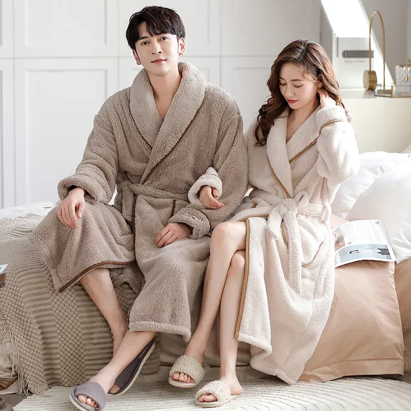 Men and Women Long Coral Fleece Bathrobe Over-the-Knee Style Flannel Lining Plus Size Winter Couples - Image 2
