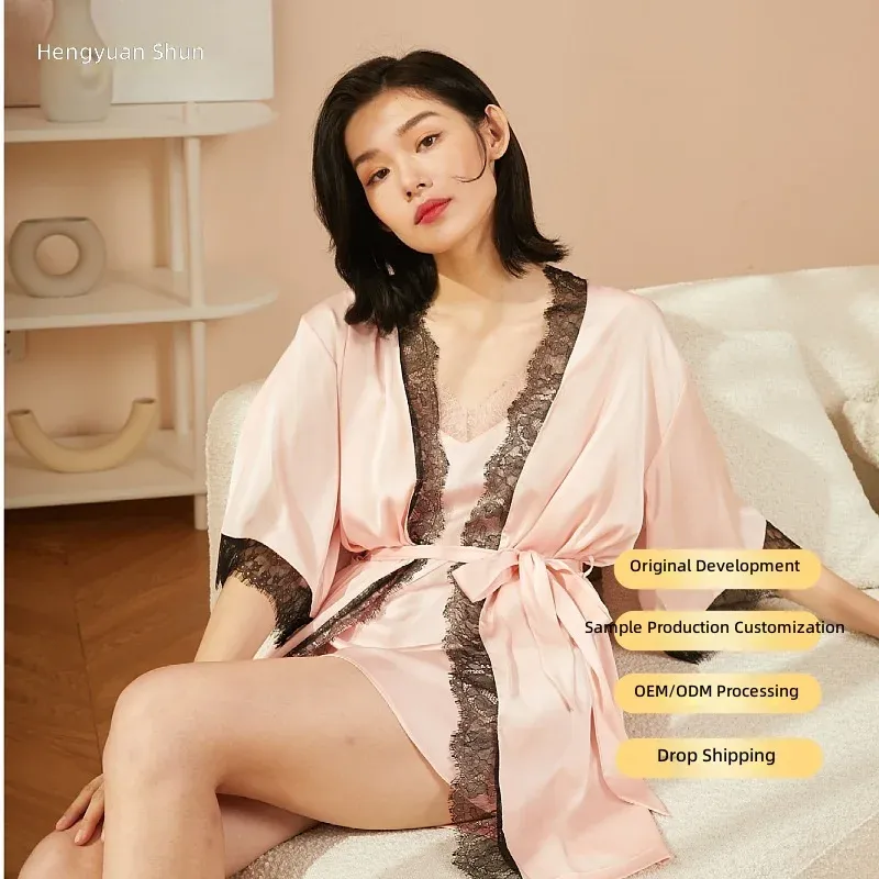 New Satin Long Sleeve Night Pajama Set for Men & Women Breathable Elastic Waist Silver Grey Skin-Friendly Texture - Image 2