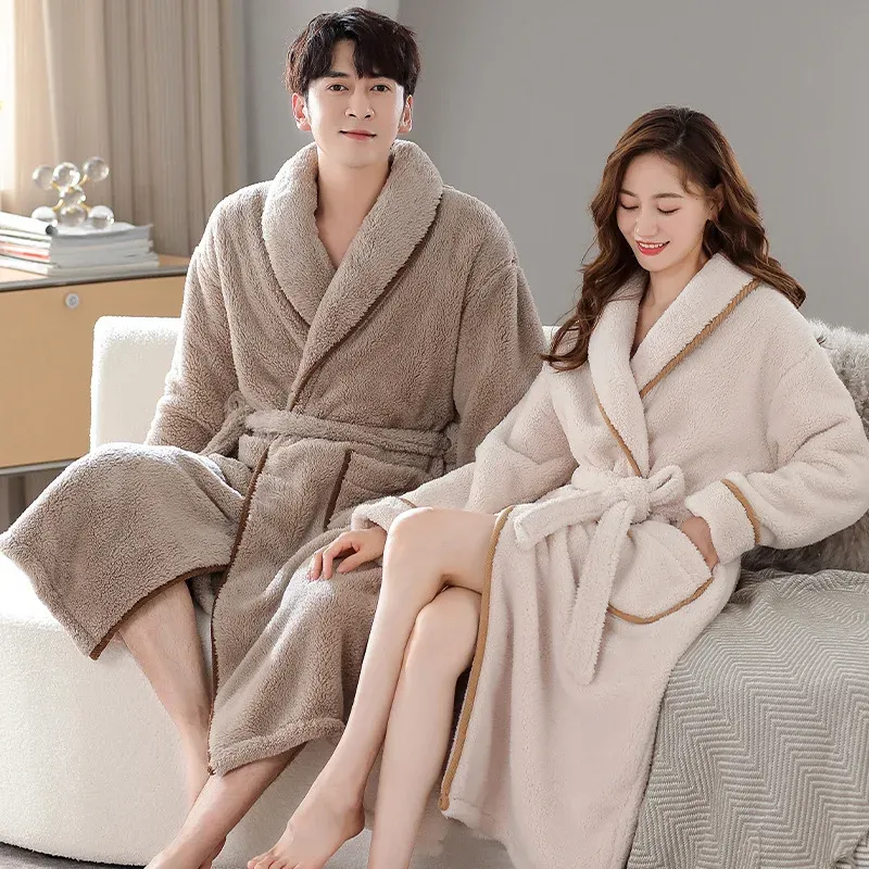 Men and Women Long Coral Fleece Bathrobe Over-the-Knee Style Flannel Lining Plus Size Winter Couples - Image 4