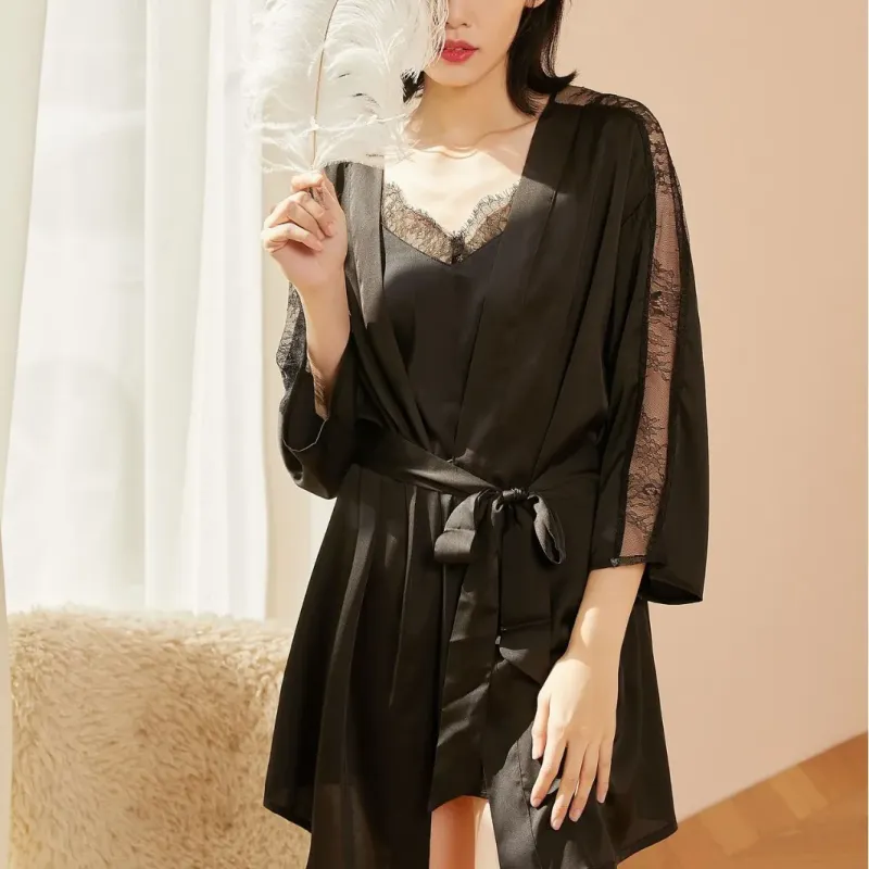 New Satin Long Sleeve Night Pajama Set for Men & Women Breathable Elastic Waist Silver Grey Skin-Friendly Texture - Image 4