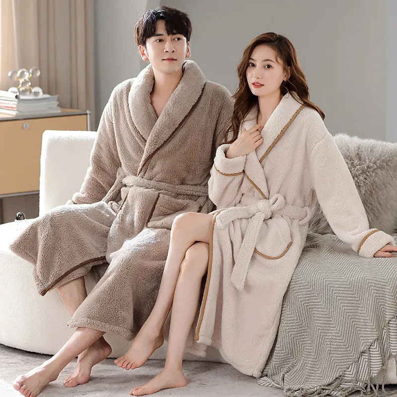 Men and Women Long Coral Fleece Bathrobe Over-the-Knee Style Flannel Lining Plus Size Winter Couples - Image 5