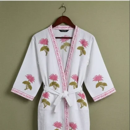 Unisex Organic Cotton Waffle Robe Hand Block Floral Printed Breathable Bridesmaid Bathrobe for Men and Women Sleepwear Kimono