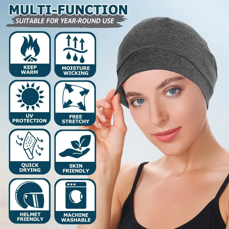 Headshion 2-Pack Lightweight 100% Cotton Beanie Sleep Hats 3D Embroidery Skull Caps for Men & Women Breathable Helmet Liner - Image 4