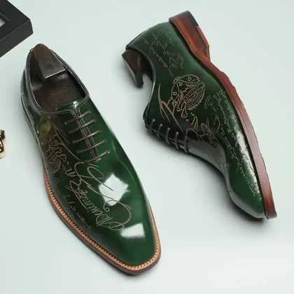 Premium Italian Green Leather Oxford Shoes Handcrafted with Laser Engraved Design Elegant Formal Wear for Gala Events