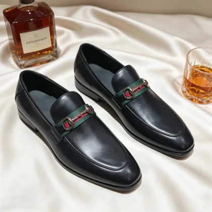 Luxury Men's Black Leather Web & Horsebit Loafers, Handmade Formal Leather Dress Shoes, Men's Slip-On Breathable Comfort