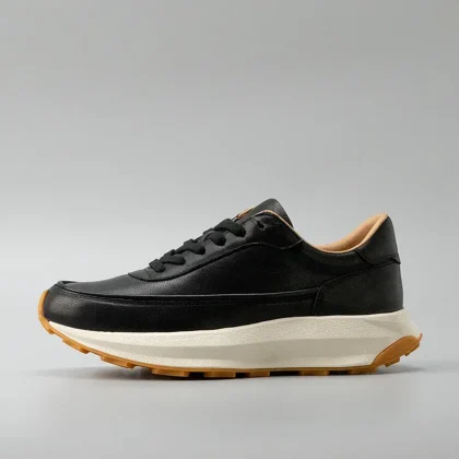 Black Genuine Leather Running Shoes Light Weight Thick Sole Real Premium Leather Sneakers for Men