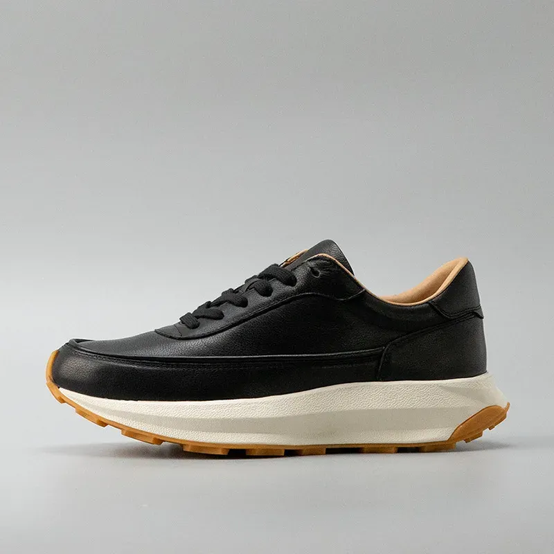 Black Genuine Leather Running Shoes Light Weight Thick Sole Real Premium Leather Sneakers for Men