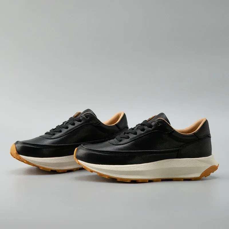Black Genuine Leather Running Shoes Light Weight Thick Sole Real Premium Leather Sneakers for Men - Image 2