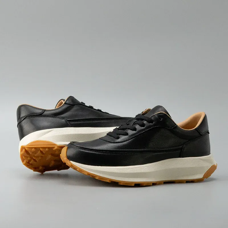 Black Genuine Leather Running Shoes Light Weight Thick Sole Real Premium Leather Sneakers for Men - Image 3